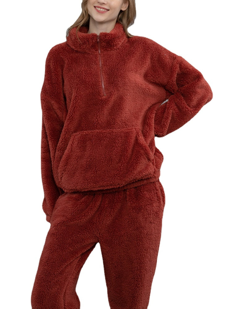 Women's Plush Fluffy Pajama Set with Kangaroo Pocket Pullover & Jogger Pants Main image