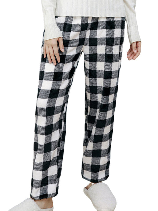Women Plaid Pattern Plush Thicken Warm Home Sleepwear Pants