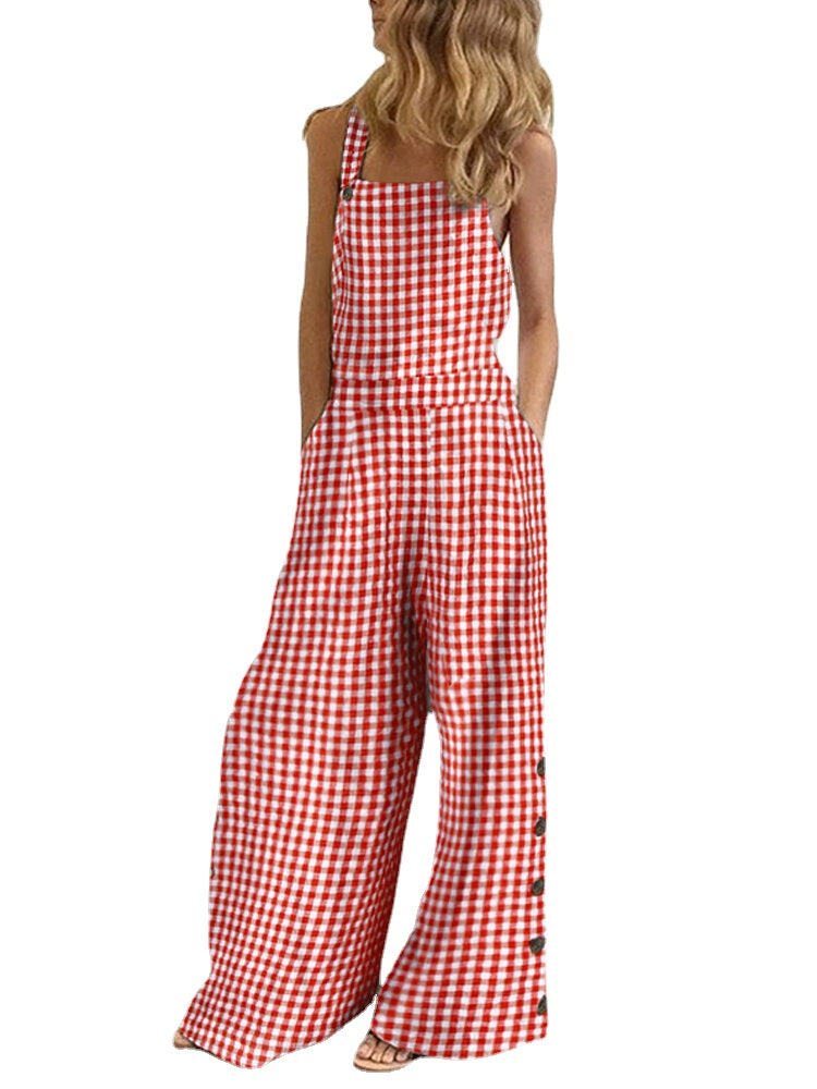 Women Casual Sleeveless Straps Plaid Wide Leg Side Buttons Jumpsuits With Pocket Main image