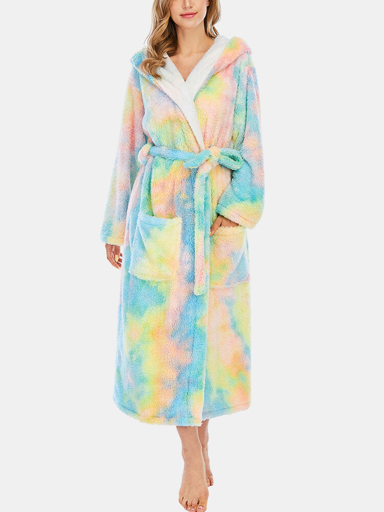 Green Women's Tie Dye Fleece Hooded Sleepwear Robe with Pockets Secondary image