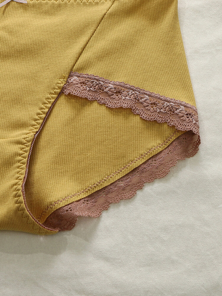 Plus Size Women's Ribbed Lace Trim Bow Cotton Panties - Cozy & Comfortable