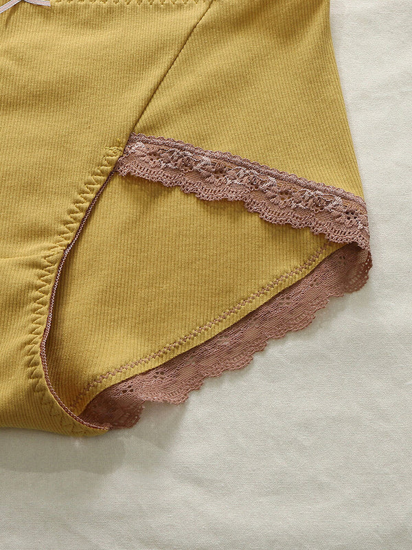 Plus Size Women's Ribbed Lace Trim Bow Cotton Panties - Cozy & Comfortable