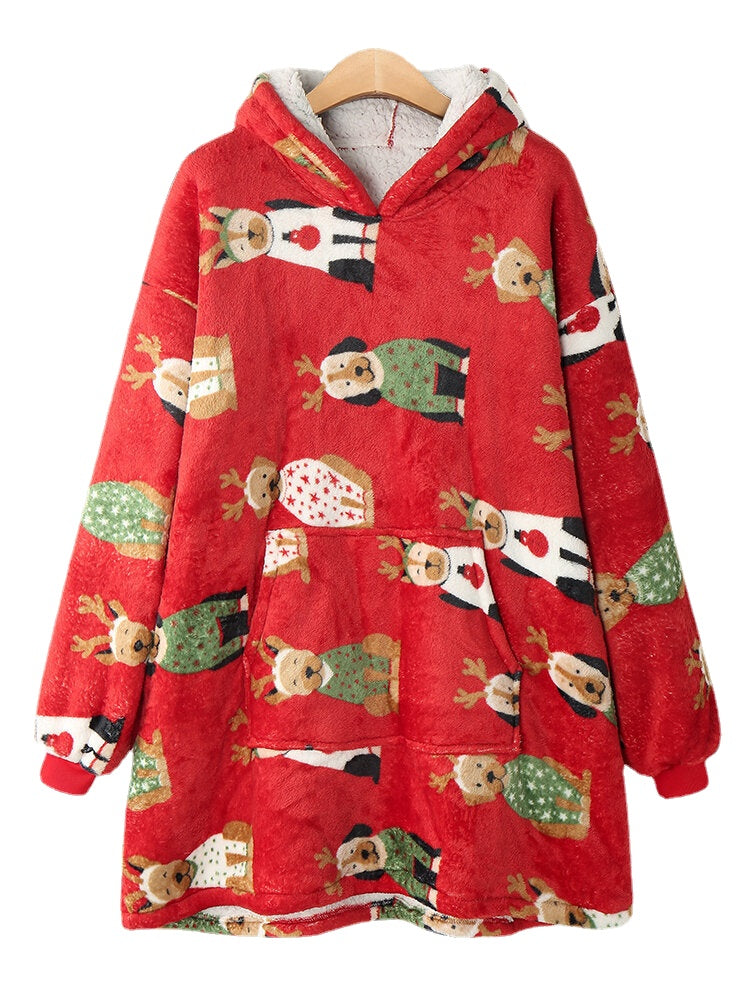 Women Thick Christmas Cartoon Animal Print Flannel Fleece Lined Oversized Warm Pajamas Main image