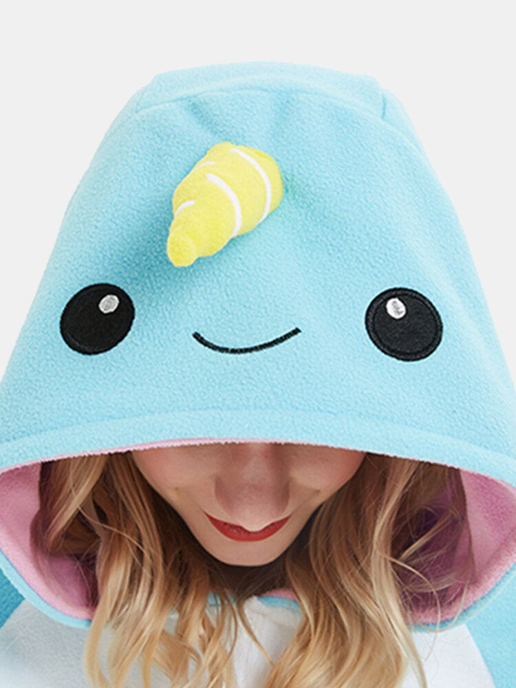 Women's Cute Narwhal Fleece Hooded Jumpsuit - Cozy Animal Onesie Pajamas