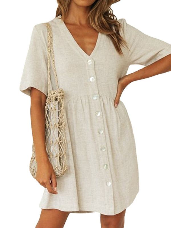 Women's Cotton Blend V-Neck Short Sleeve Nightgown - Simple, Comfortable Loungewear for Spring/Summer