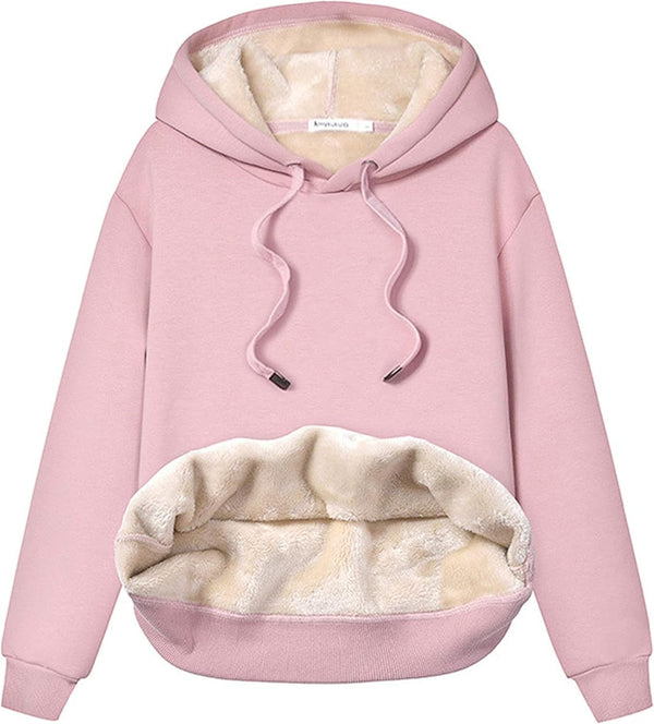Women’s Cozy Sherpa Lined Hoodie Sweatshirt – Adjustable Drawstring Hood, Kangaroo Pocket, Long Sleeves for Fall & Winter Comfort
