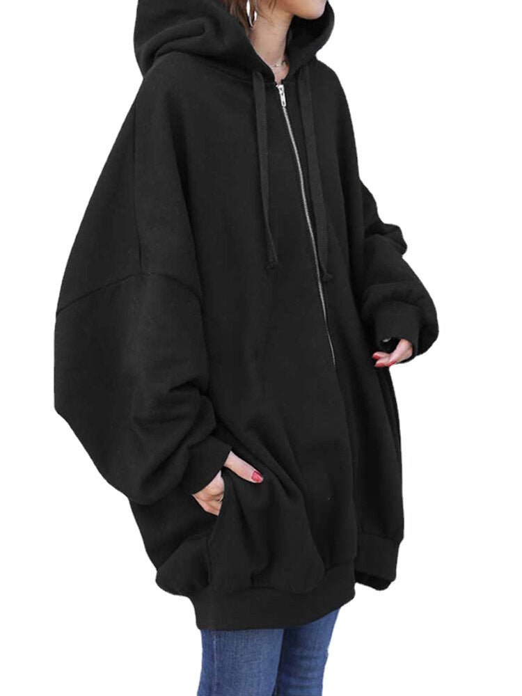 Women Zipper Up Outer Wear Loose Long Solid Hooded Sweatshirt Secondary image