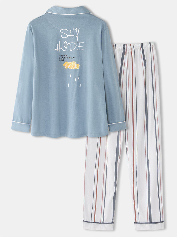 Plus Size Women's Striped Cotton Pajama Set - Button Long Sleeve Casual Wear