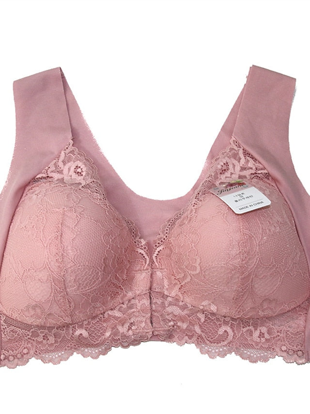 Women's Lace Bras Fixed Straps Sheer Bras Full Coverage V Neck Breathable Lace Pure Color Front Closure Date Casual Daily