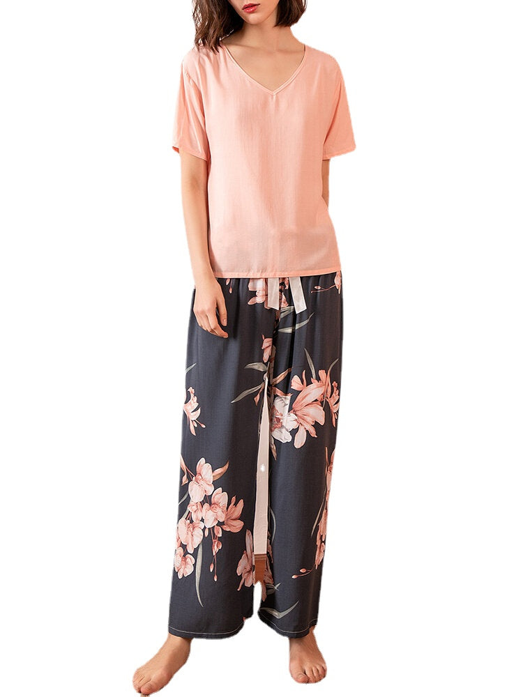 Women's Tropical Floral Pajama Set - Short Sleeve Top & Wide Leg Pants