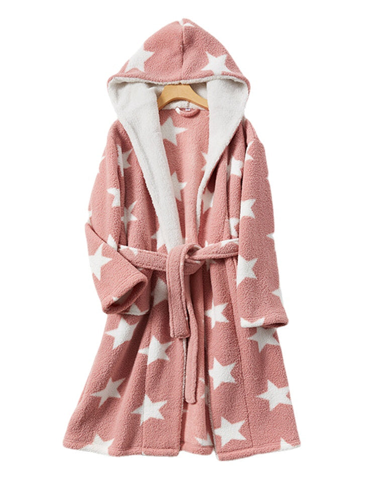 Women's Star Print Fleece Hooded Robe with Pockets - Warm & Cozy