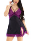 Women's Lace Trim Faux Silk Plunge Chemise Nightgown with Side Split