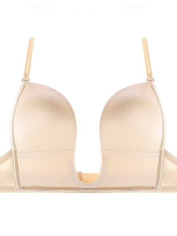 Women's Padded Bras Detachable Straps Demi Cup Shelf Bra Deep U Breathable Pure Color Hook & Eye