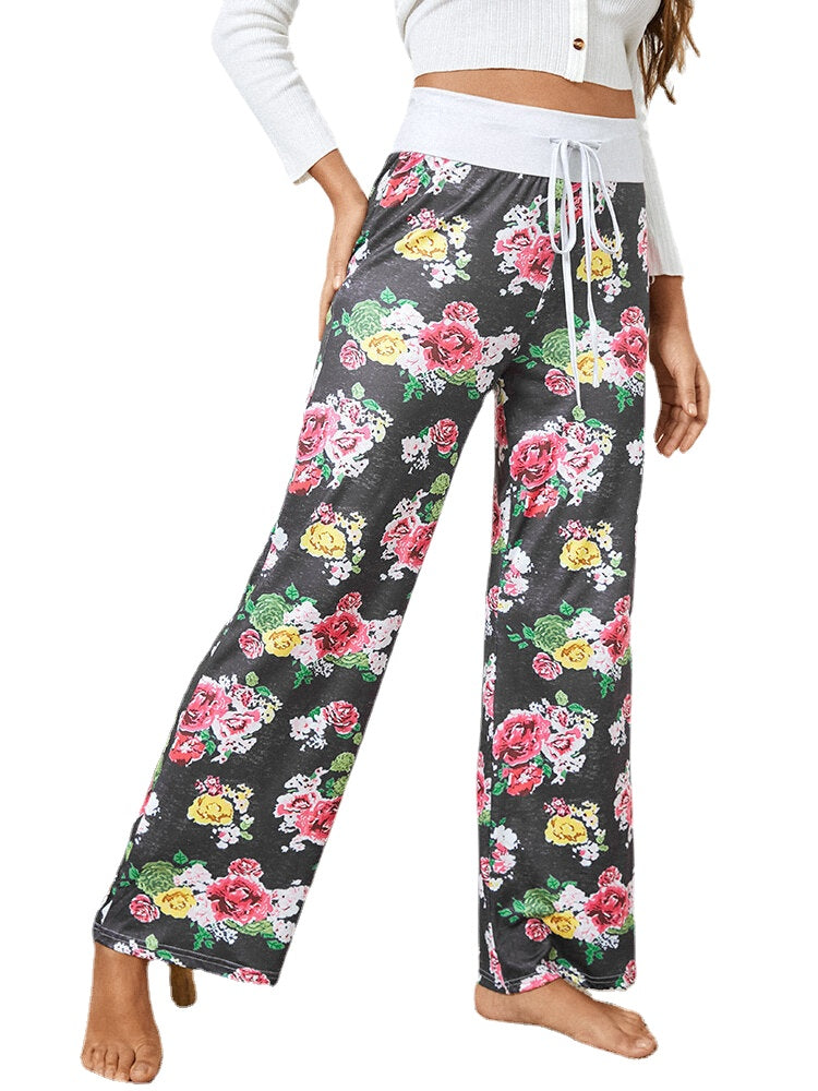 Women Plus Size Allover Flowers Print Drawstring Waist Loose Casual Home Pajamas Pants Main image