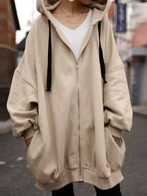 Women Zipper Up Outer Wear Loose Long Solid Hooded Sweatshirt