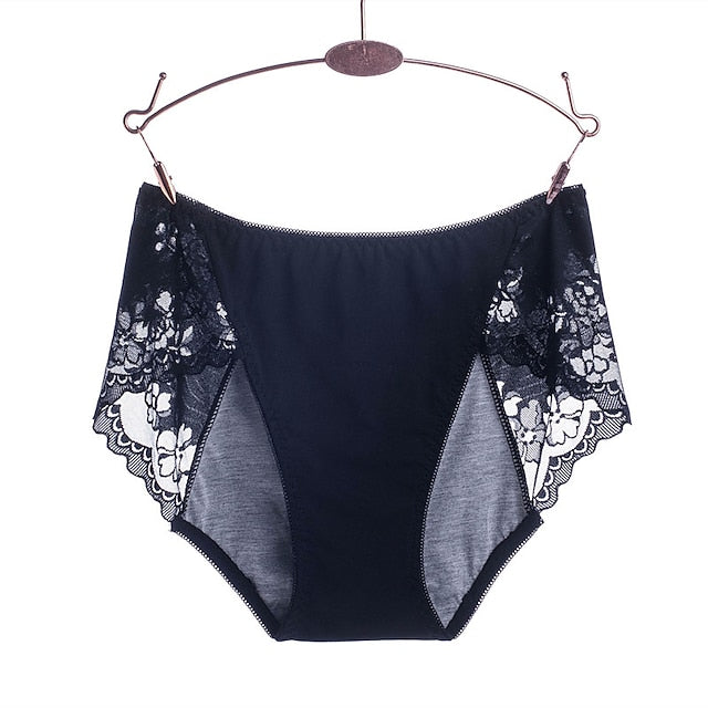 Women's Brief Underwear Period Panties 1 PC Underwear Fashion Simple Sexy Lace Hole Pure Color Cotton Mid Waist Sexy Black Purple Pink