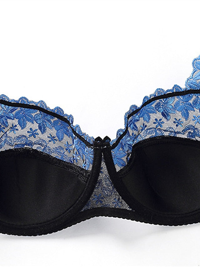 Women's Lace Bras Underwire Bras Fixed Straps Adjustable Full Coverage V Neck Breathable Push Up Pure Color Flower Floral