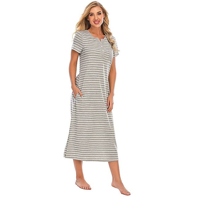 Women's Pajamas Nightgown Nighty Pjs Stripe Comfort Party Home Daily Cotton Gift Short Sleeve Spring Summer Royal Blue Grey