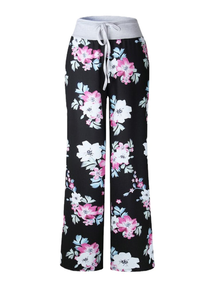 Plus Size Women Floral Printing Drawstring Waist Loose Casual Home Pajamas Pants