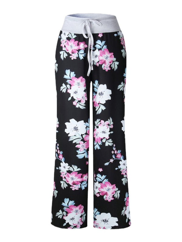 Plus Size Women Floral Printing Drawstring Waist Loose Casual Home Pajamas Pants