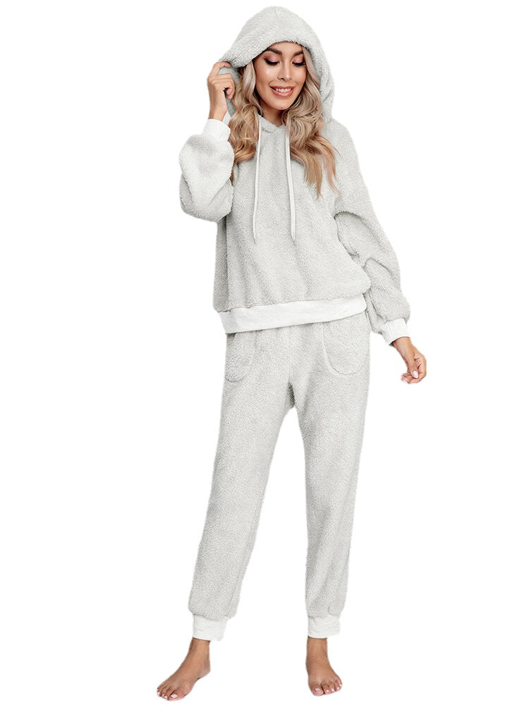 Women Soft Solid Color Hoodie Pocket Elastic Waist Jogger Pants Home Plush Pajama Set