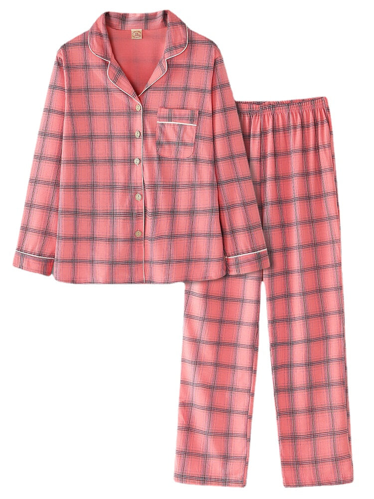 Women's Plaid Revere Collar Shirt & Elastic Waist Pants Pajama Set Main image