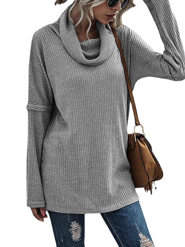 Women Solid Color Rib Knit Turtleneck Warm Long Sleeve Sweaters Main image
