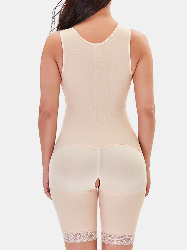 Plus Size Women Tommy Control Hip Lifting Zip Front Open Crotch Lace Trim Bodysuits