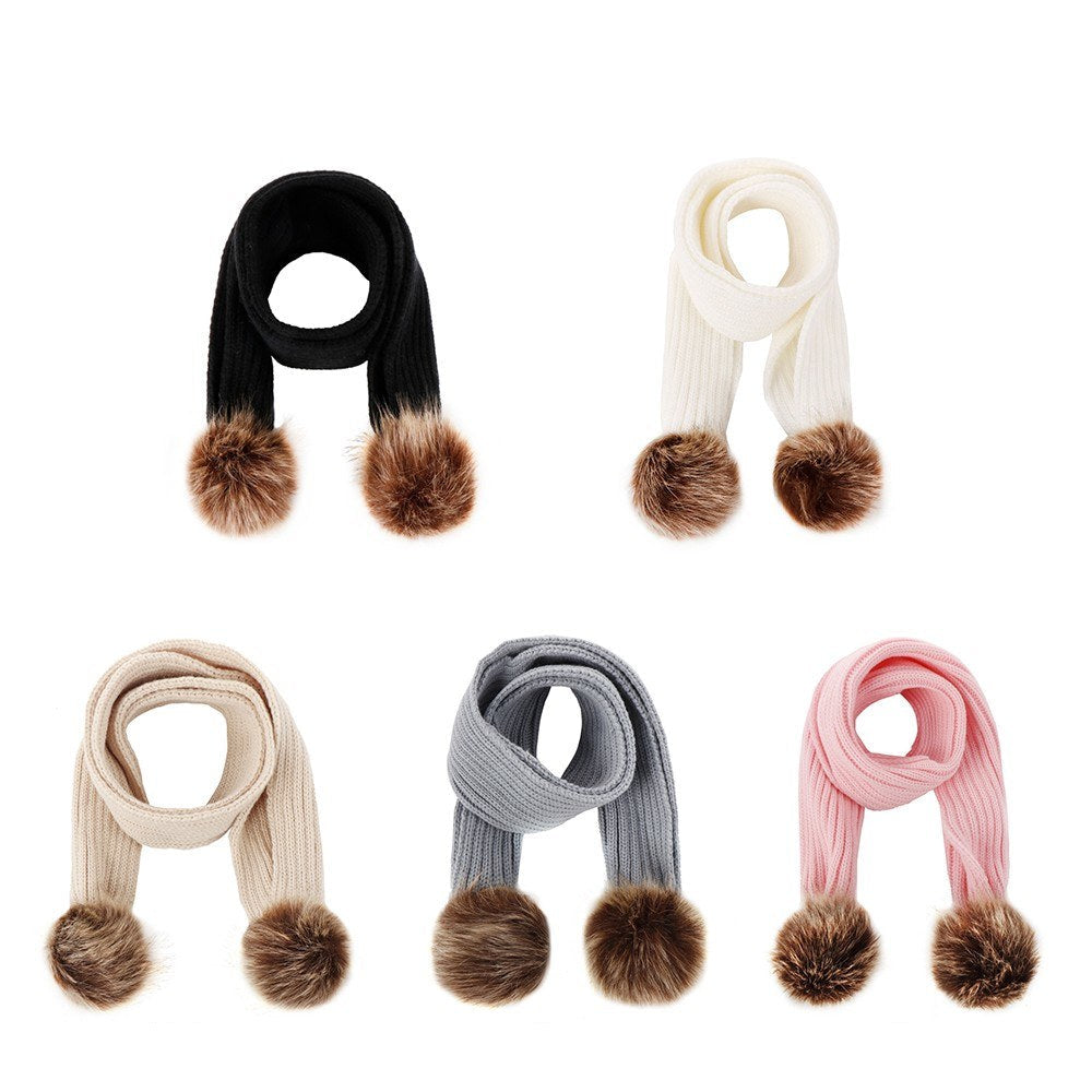 Infant Toddler Knitted Wool Scarf with Pom Poms - Winter Warm Ribbed Design