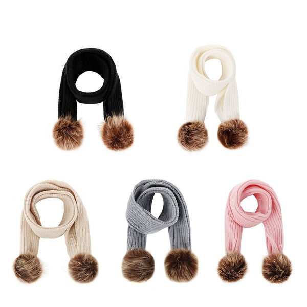 Infant Toddler Knitted Wool Scarf with Pom Poms - Winter Warm Ribbed Design