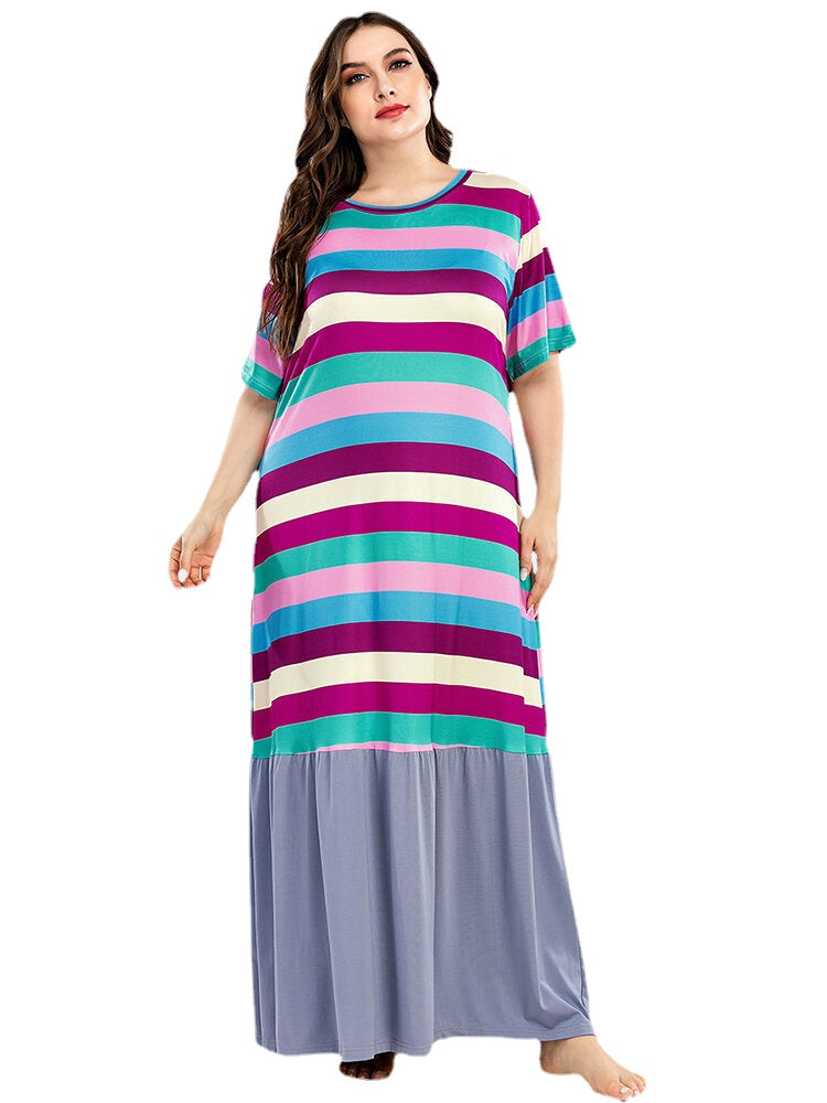 Plus Size Women's Colorful Stripe Short Sleeve Casual Nightgown Secondary image