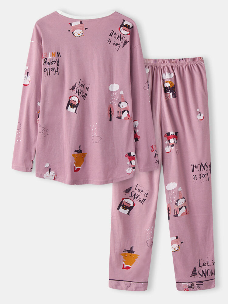 Women's Cartoon Print O-Neck Loose Pajama Set