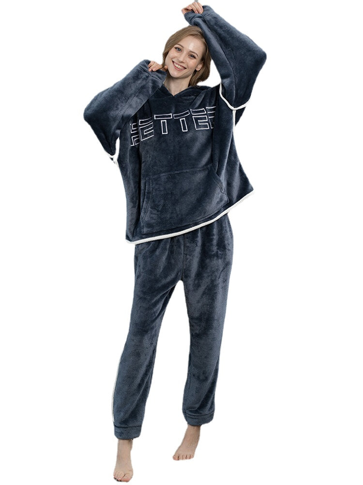 Women's Flannel Embroidered Hoodie & Elastic Waist Pajama Set
