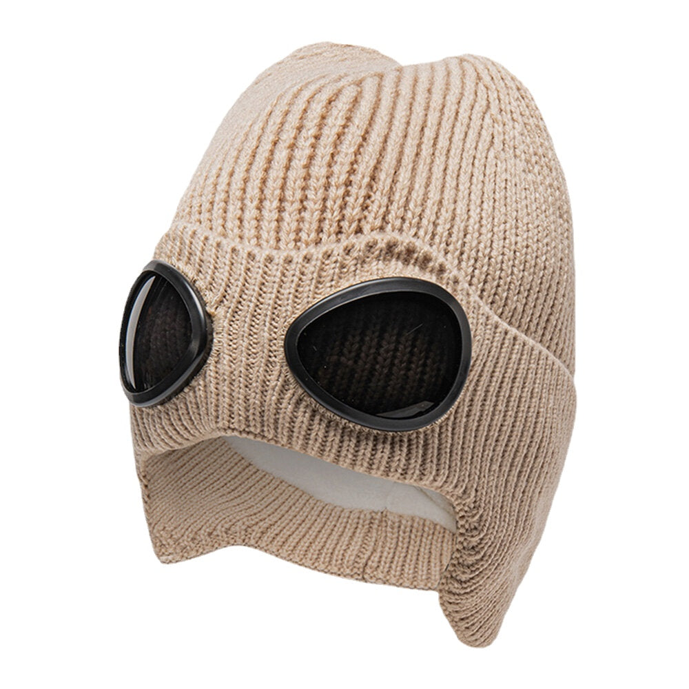 Unisex Knitted Aviator Beanie Hat with Glasses Lens Decoration - Warm, Fashionable, Solid Color Main image
