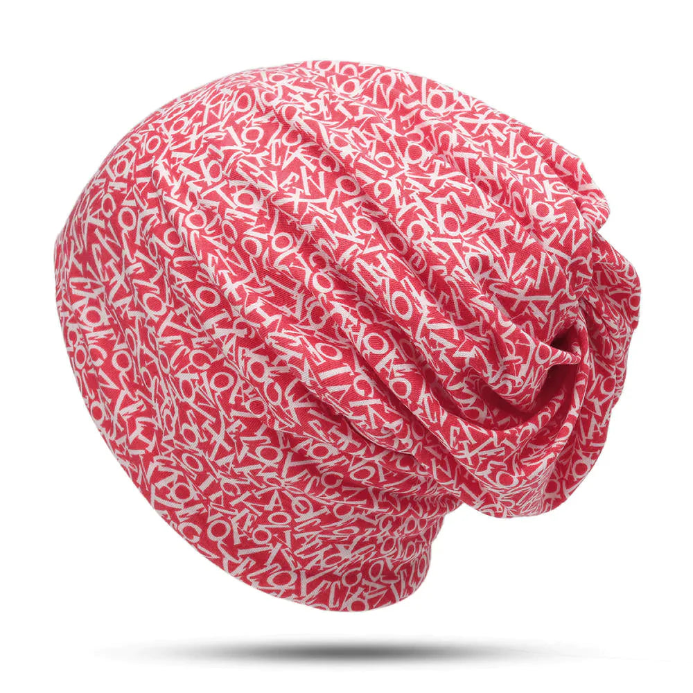 Unisex Cotton Beanie Multi-purpose Letters Print Scarf Headband Hat