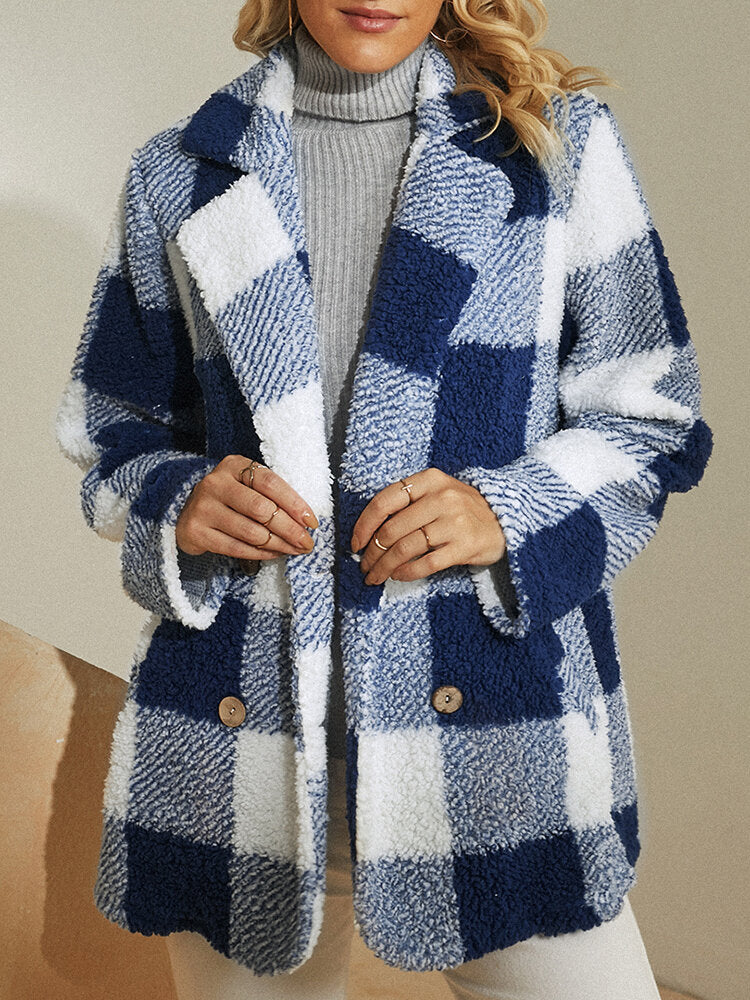 Women Plaid Warm Fluffy Plush Double Breasted Coat With Pocket