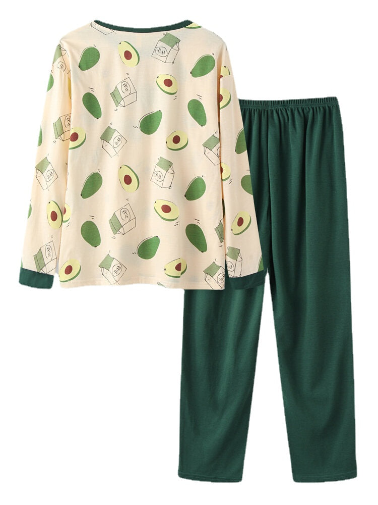 Women's Avocado Print Cotton Lounge Pajama Set - O-Neck, Long Sleeve, Two-Piece Main image