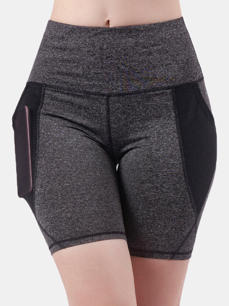 Women Dry Quickly Solid Color Sports High Waist Biker Shorts With Mesh Pockets Main image