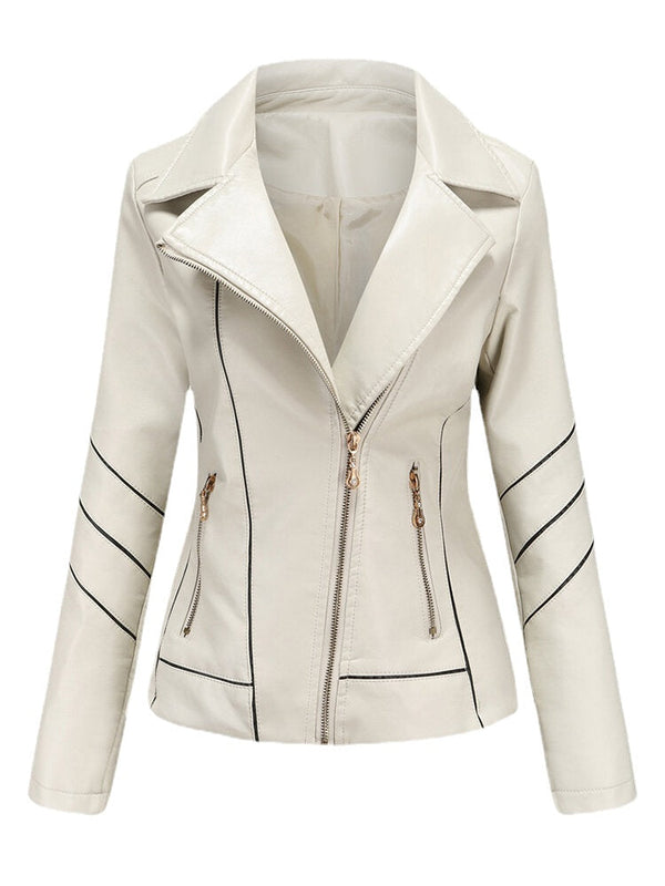 Women Solid Color Faux PU Leather Motorcycle Jacket With Pocket