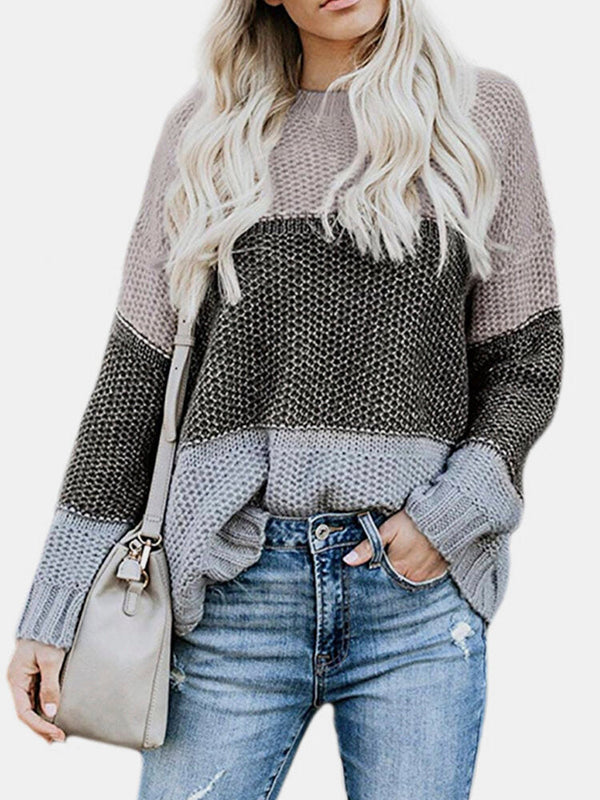 Women Contrast Color Patchwork Round Neck Long Sleeve Knitted Casual Sweater