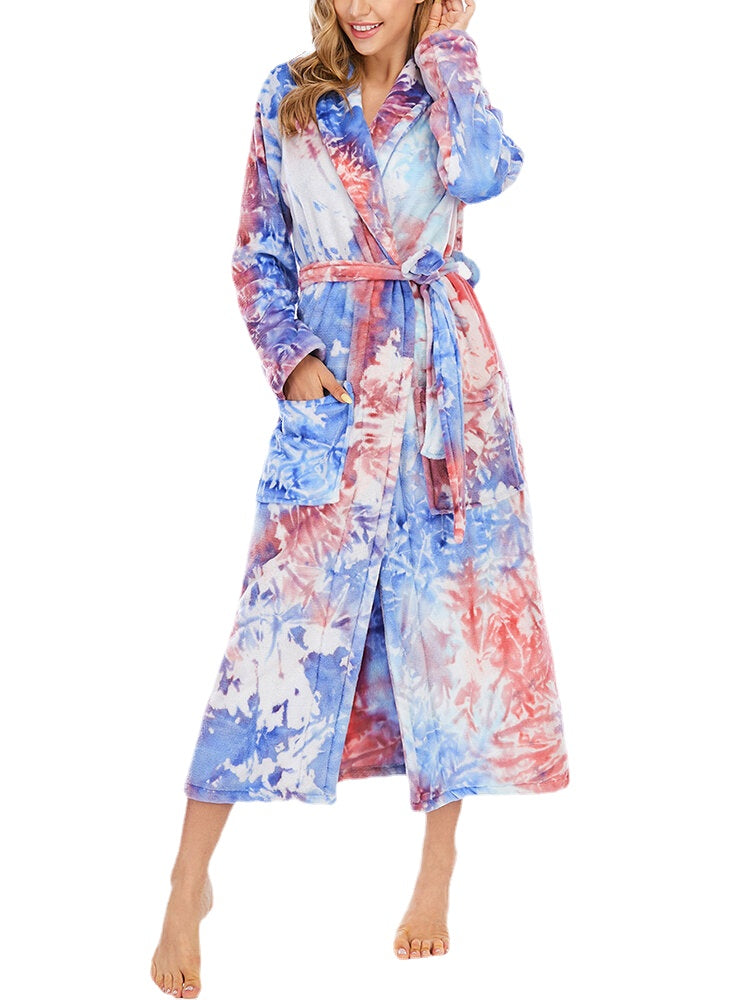 Women's Tie Dye Flannel Long Sleeve Robe with Double Pockets