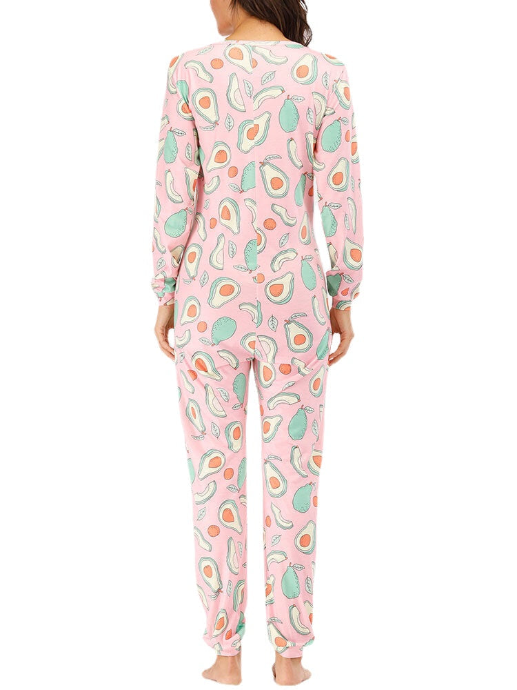 Plus Size Women V-Neck Avocado Print Zipper Long Sleeve Pants Rompers Home Home Onepieces Sleepwear Secondary image