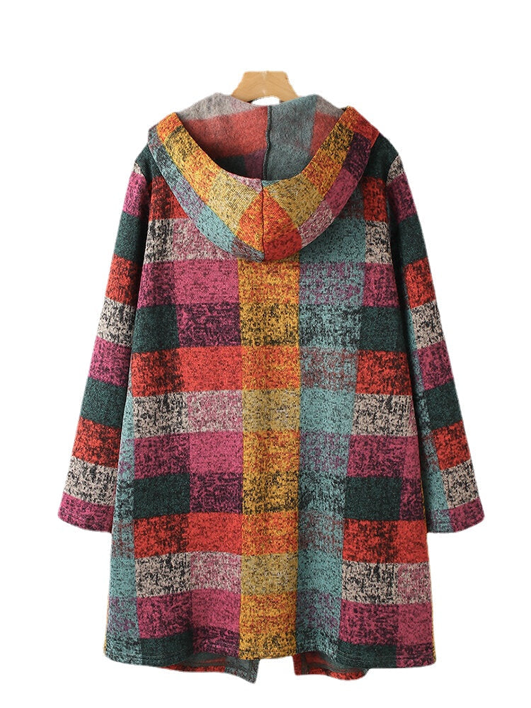 Women Colorful Plaid Open Front Double Pocket Casual Hooded Cardigan Coats Secondary image