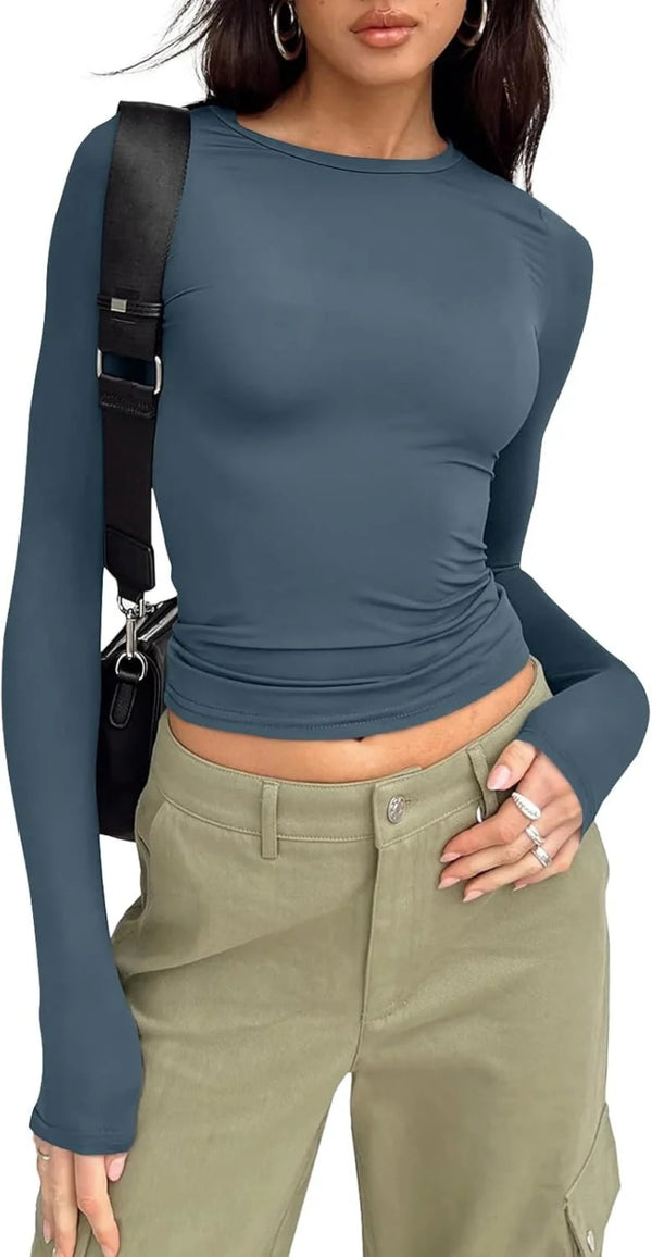 Womens Long Sleeve Shirts Basic Crop Tops Tight Slim Fit Cute Teen Girls Fall Winter Clothes