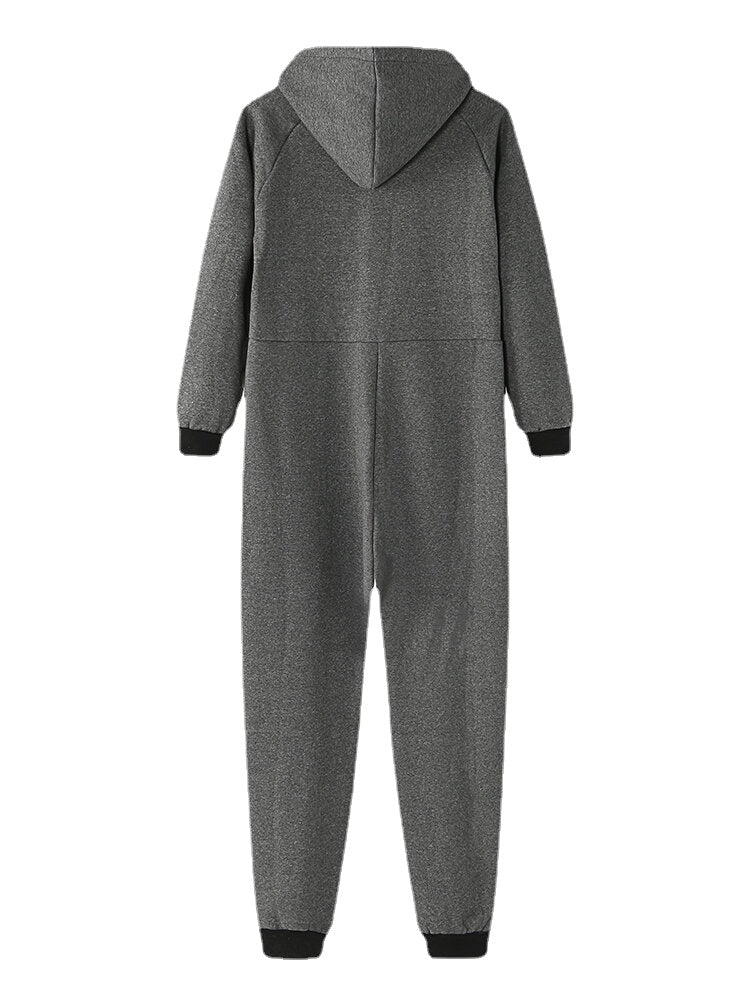 Men Cotton Solid Hooded Pocket Long Sleeve Home Jumpsuit Zipper Sleepwear Secondary image