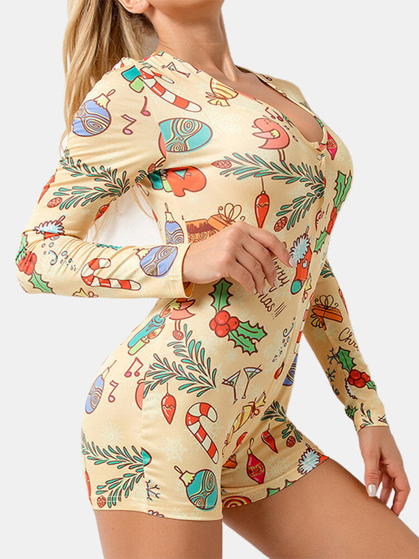 Plus Size Women Cartoon Print V-Neck  Long Sleeve Onesies Home Sleepwear Rompers