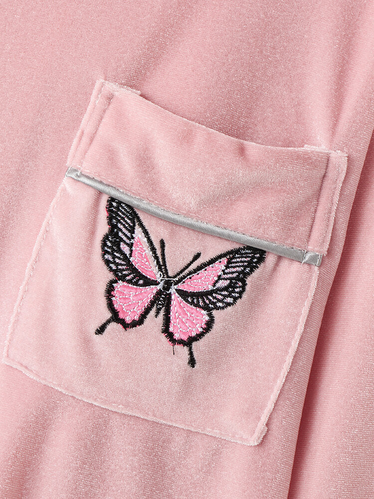 Women's Butterfly Embroidery Pajama Set: Velvet Shirt & Elastic Waist Pants Secondary image