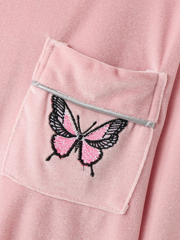 Women's Butterfly Embroidery Pajama Set: Velvet Shirt & Elastic Waist Pants