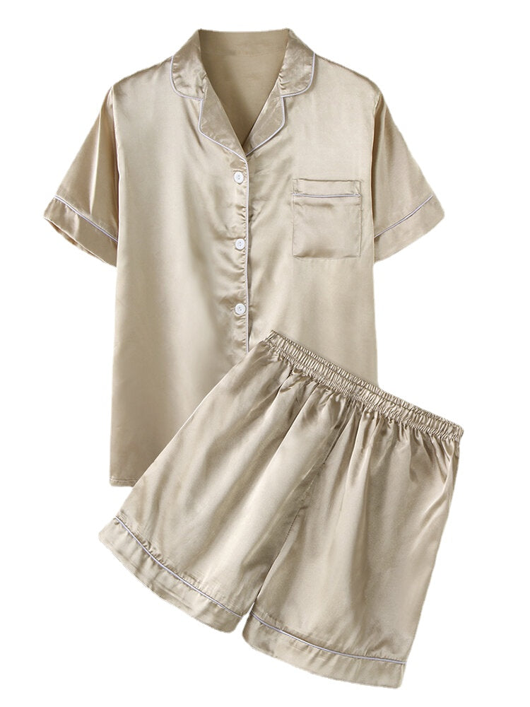 Plus Size Women's Faux Silk Pajama Set - Solid Color, Revere Collar, Smooth & Casual