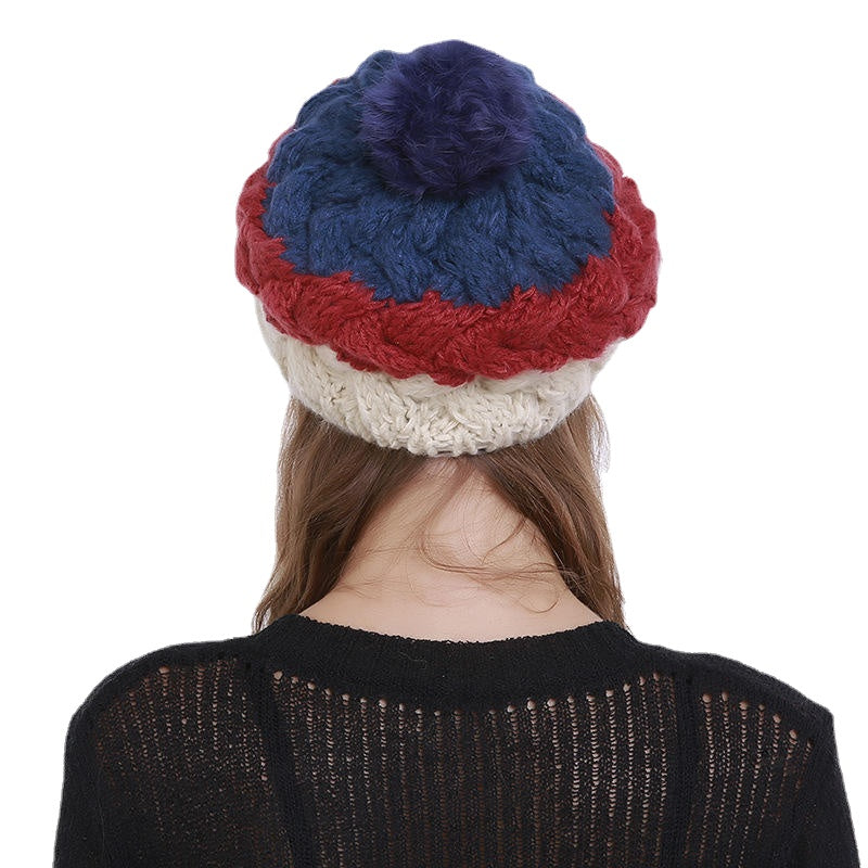 Women Vintage Patchwork Knit Hat Outdoor Winter Earmuffs Ski Skull Cap Beanie